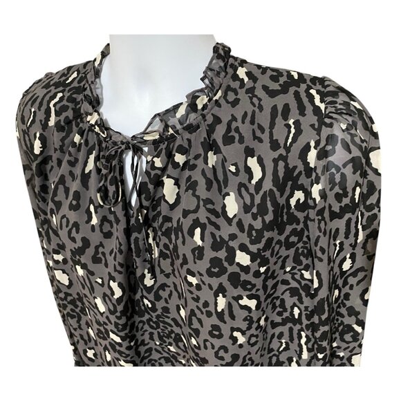 bar III Blouse 3X Sheer Keyhole Front Tie Ruffled Neckline Gray Leopard Long Slv - Picture 5 of 11